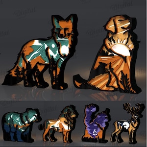 May include: A collection of 10 animal designs, including a fox, dog, and bear, suitable for any material thickness. The designs feature intricate layered details with mountain and forest scenes. Digital download available.