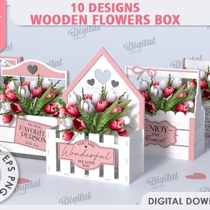 3D フラワー ギフト ボックス バンドル、素朴な花束ホルダー レーザーカット、母の日ギフト、木製の花収納バスケット SVG、モチベーションを高める引用