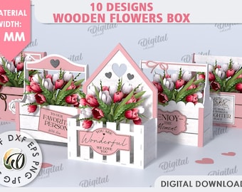 3D Blumen Geschenkboxen bündeln, rustikaler Blumenstraußhalter Laser geschnitten, Muttertagsgeschenk, Holzblumenkorb svg, Motivationszitate
