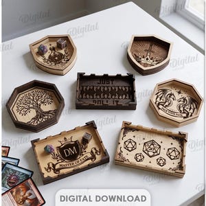 May include: A collection of ten wooden dice trays featuring various laser-engraved designs including dragons, trees, crowns, and geometric patterns. The trays are hexagonal or rectangular with a 3 mm material width. Text includes "JUST ROLL IT", "FACE YOUR FATE", and "DM MASTER OF FATE".