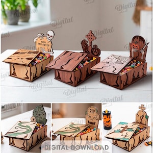 Peut inclure: Une collection de dix boîtes en bois découpées au laser pour Halloween, présentant divers motifs effrayants comme des squelettes, des pierres tombales et des citrouilles. Chaque boîte a un couvercle à charnière et un panneau arrière décoratif. L'épaisseur du matériau est de 3 mm.