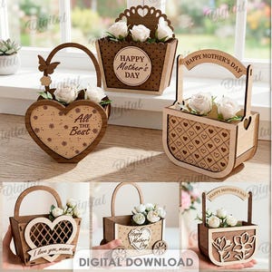 May include: A selection of 10 laser-cut wooden flower boxes, featuring heart, house, and basket designs. Each box is filled with white roses and includes text such as "Happy Mother's Day" and "I love you, mama". Material width is 3 mm.