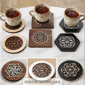 May include: A selection of ten laser-cut wooden coasters with detailed designs. The coasters are in different shapes, including square, round, and hexagonal, and feature geometric and floral patterns. The image also shows two cups of tea on coasters. The text "10 DESIGNS" is visible.