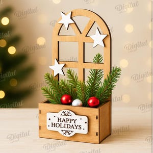 May include: Wooden Christmas decoration featuring a window design with white stars and a box filled with greenery and red and white ornaments. The box has a sign that reads "Happy Holidays".