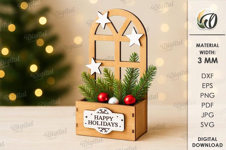 May include: Wooden Christmas decoration featuring a window design with white stars and a box filled with greenery and red and white ornaments. The box has a sign that reads "Happy Holidays".