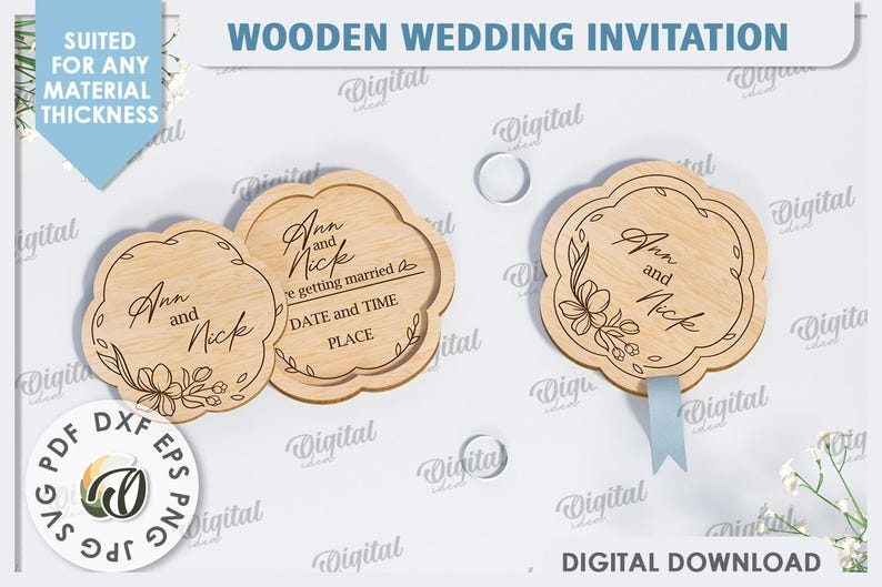 May include: Two wooden wedding invitations with a floral design and the text "Ann and Nick" and "We're getting married".
