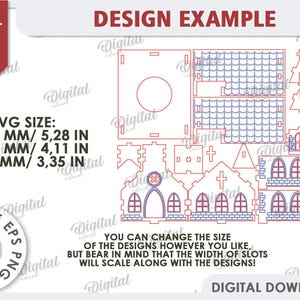 May include: A digital download design for a 3D model of a church building. The design includes multiple pieces that can be assembled to create a church with a steeple, windows, and a door. The design is available in various sizes, with the average size being 5.28 inches wide, 4.11 inches tall, and 3.35 inches deep. The design is for personal use only.