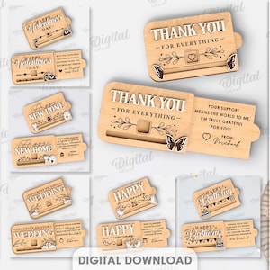 May include: A selection of 10 laser-cut wooden designs for celebrations like graduations and weddings. Each design includes decorative details and text, suitable for different material thicknesses. The words "Thank You" are visible.