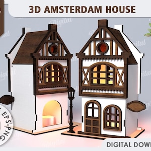 3D Amsterdam house, house lantern laser cut, wooden dutch canal house lamp svg, tea light candle holder, Scandinavian nordic house