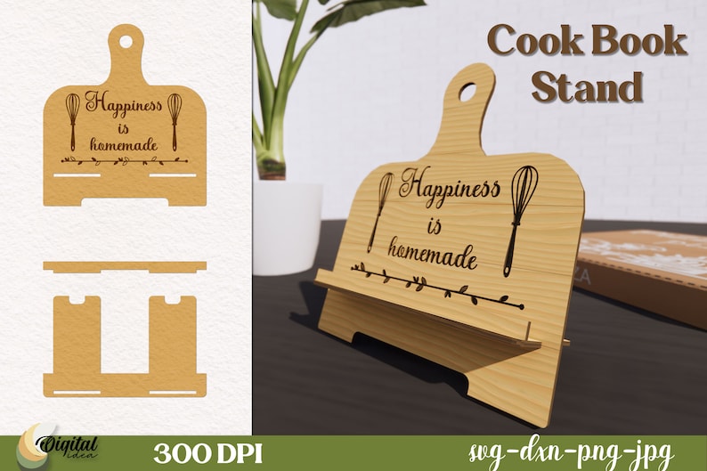May include: A wooden cookbook stand with a cutout design. The stand features the text "Happiness is homemade" and two whisk designs. The stand is made of natural wood and has a rustic look.