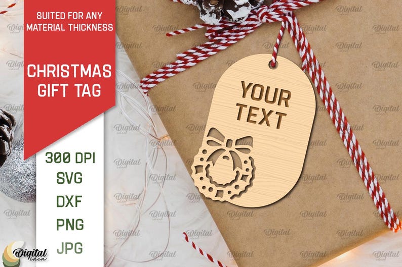 May include: A wooden Christmas gift tag with a wreath design and the text "YOUR TEXT".