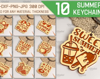 Summer keychains bundle, vacation keychain laser cut, engraved wooden key ring, summer quotes and sayings svg, beach svg, tropical svg