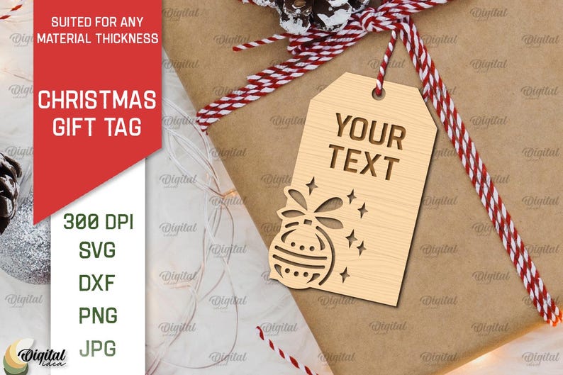 May include: A wooden Christmas gift tag with a decorative ornament design and the text "YOUR TEXT".