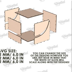 K&ouml;nnte beinhalten: Ein zerlegtes Holzcube-Design mit ineinandergreifenden Paneelen. Die durchschnittliche Gr&ouml;&szlig;e betr&auml;gt 154,2 mm. Der Text besagt, dass die Designgr&ouml;&szlig;e ge&auml;ndert werden kann, aber die Schlitzbreite wird sich entsprechend anpassen. Die Materialst&auml;rke betr&auml;gt 3 mm.