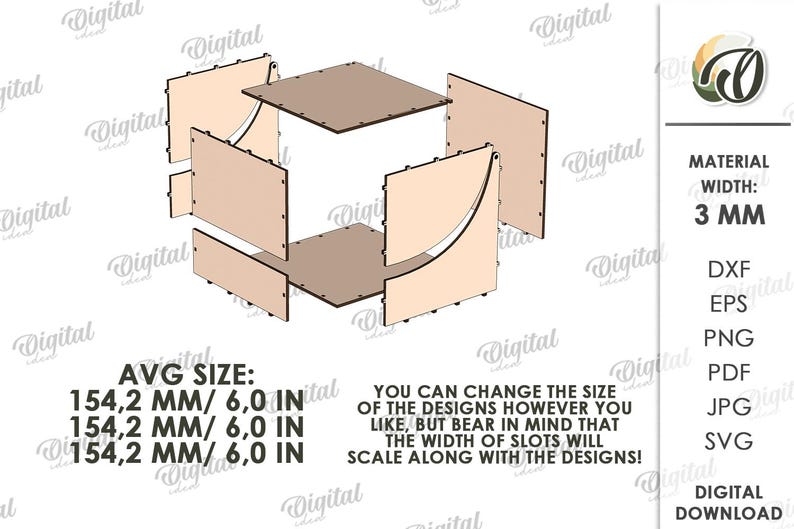 K&ouml;nnte beinhalten: Ein zerlegtes Holzcube-Design mit ineinandergreifenden Paneelen. Die durchschnittliche Gr&ouml;&szlig;e betr&auml;gt 154,2 mm. Der Text besagt, dass die Designgr&ouml;&szlig;e ge&auml;ndert werden kann, aber die Schlitzbreite wird sich entsprechend anpassen. Die Materialst&auml;rke betr&auml;gt 3 mm.