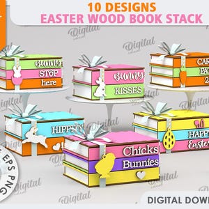 Pacchetto di scatole di libri di legno di Pasqua 3D, scatola di caramelle tagliata al laser, contenitore di biscotti in legno, citazioni di Pasqua in formato svg, scatola di dolcetti in legno, pila di libri