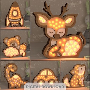 Paquete de lámparas de noche LED de madera para niños, lámpara de noche 3D para bebé cortada con láser, caja de luz LED cortada con láser, SVG para niños, guardería para bebés, animales lindos