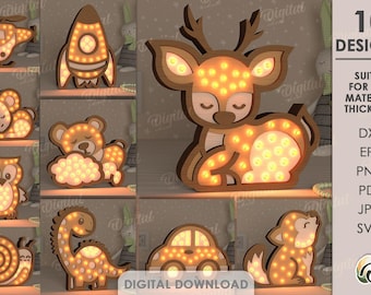 Kinder hölzerne LED-Nachtlampen bündeln, 3D-Baby-Nachtlichtlampe Laserschnitt, LED-Lichtbox Laserschnitt, Kinder svg, Babyzimmer, niedliche Tiere