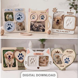 May include: A collection of 10 digital download designs for pet photo frames with paw print impressions. The wooden frames feature various shapes including cats, bones, fish, and hearts, with text labels like Bailey, Archie, and Chelsea, and 3 mm width.