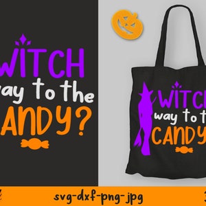 Op de afbeelding: Een paarse heksensilhouet die een bezem vasthoudt met de tekst "WITCH way to the CANDY?" in wit en oranje. De afbeelding is op een zwarte achtergrond met een kleine oranje snoepgraphic.