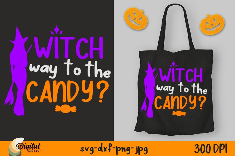 Op de afbeelding: Een paarse heksensilhouet die een bezem vasthoudt met de tekst "WITCH way to the CANDY?" in wit en oranje. De afbeelding is op een zwarte achtergrond met een kleine oranje snoepgraphic.
