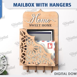 Caixa de correio de parede de madeira 3D com cabides, Home sweet home svg, organizador de correspondência cortado a laser, caixa de correio, porta-chaves, decoração para casa, caixa de correio