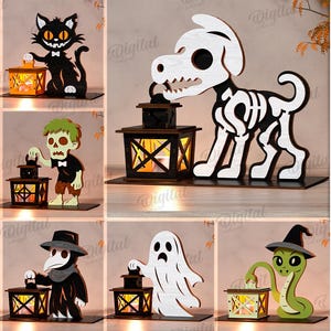3D Halloween Laternen Bundle, gruseliges Nachtlicht Laserschnitt, Kinder Lampe, Wohnkultur svg, Horror Laterne, Halloween Charaktere, Skelett