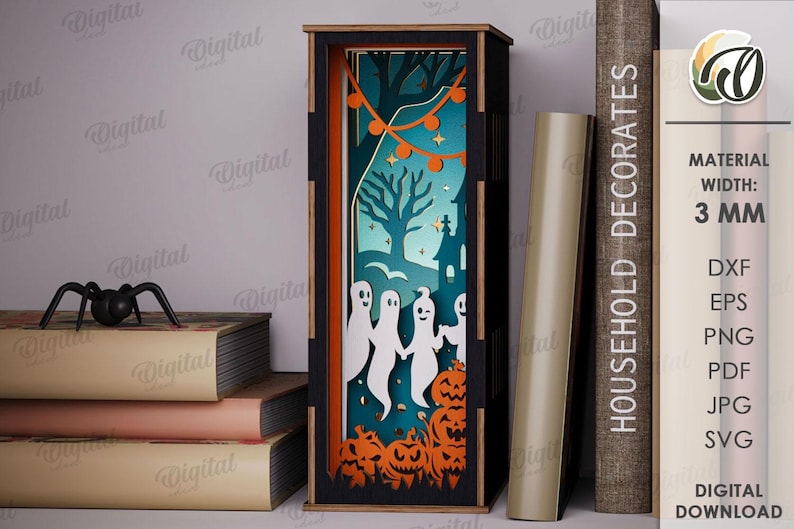 May include: A Halloween-themed shadow box with a spooky scene featuring ghosts, pumpkins, and a haunted house. The box is made of wood and has a black frame with orange accents. The material width is 3 mm.