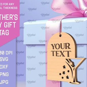 May include: A wooden gift tag with a martini glass design and the text "YOUR TEXT". The tag is light brown and has a distressed look. It is perfect for a Mother's Day gift.