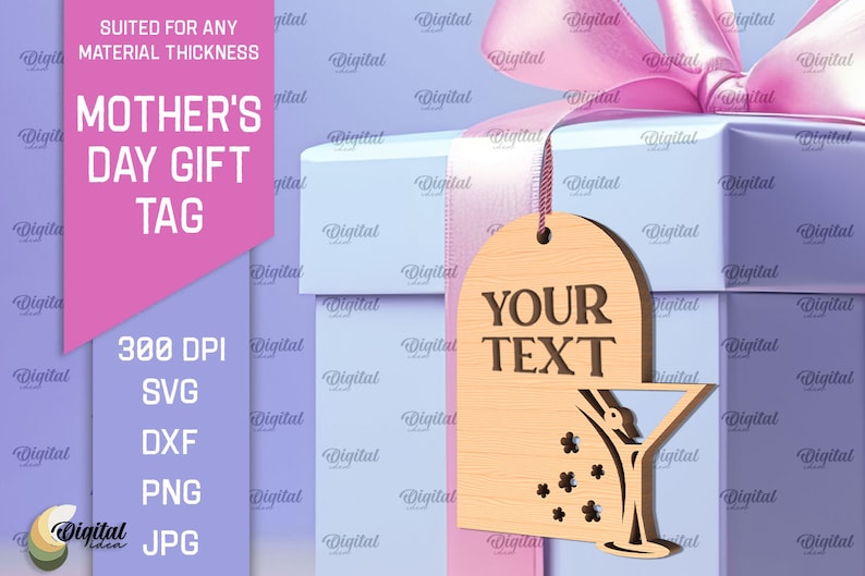 May include: A wooden gift tag with a martini glass design and the text "YOUR TEXT". The tag is light brown and has a distressed look. It is perfect for a Mother's Day gift.