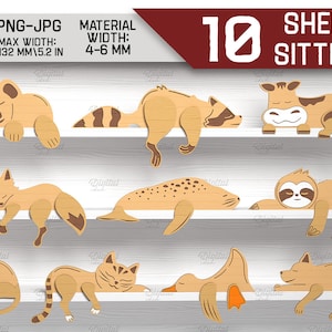 Peut inclure: Dix modèles numériques de « shelf sitters » aux formats SVG, DXF, PNG et JPG. Les modèles présentent divers animaux, notamment un koala, un raton laveur, un renard, un phoque, un paresseux, un chat, un canard et un chien. Les modèles sont parfaits pour créer une décoration d'étagère unique et personnalisée.