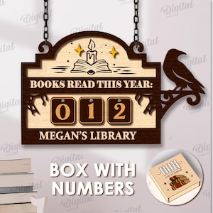 May include: Wooden sign with the text "BOOKS READ THIS YEAR:" and a counter showing "012". The sign includes a raven silhouette, a book, a candle, and the text "MEGAN'S LIBRARY".