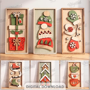 Op de afbeelding: Een collectie van tien rechthoekige houten wanddecoraties met gelaagde kerstmotieven, waaronder gestapelde cadeaus, wintermutsen, wanten, kerstballen, sokken, kerstmannen, sledes, schaatsen, huisjes en mokken in rood, groen en wit.