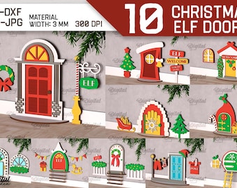 Pacote de porta de elfo de Natal 3D svg, porta e janelas de casa de elfo mágico cortadas a laser, decoração de parede em camadas svg, decoração de quarto infantil de natal svg