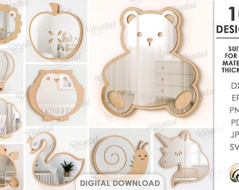 May include: A collection of ten wooden mirrors in various shapes, including a lion, apple, hot air balloon, owl, seashell, turtle, swan, snail, bear, and unicorn. The mirrors are designed for any material thickness and are available in DXF, EPS, PNG, PDF, JPG, and SVG formats. The words "DIGITAL DOWNLOAD" are also visible.