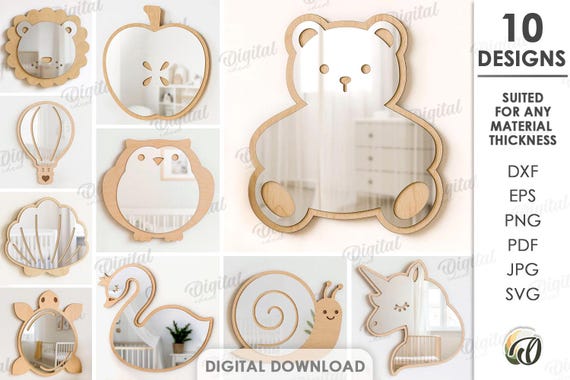 3D Nursery mirrors bundle, kids room mirror laser cut files, home decor, baby mirror svg, cute animals, teddy bear, swan, unicorn, lion