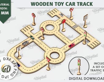 3D houten speelgoedautobaan, puzzel wegbaan lasergesneden, verkeersborden svg, kinder svg, kinderen lasercut, rijbaan svg, racebaan