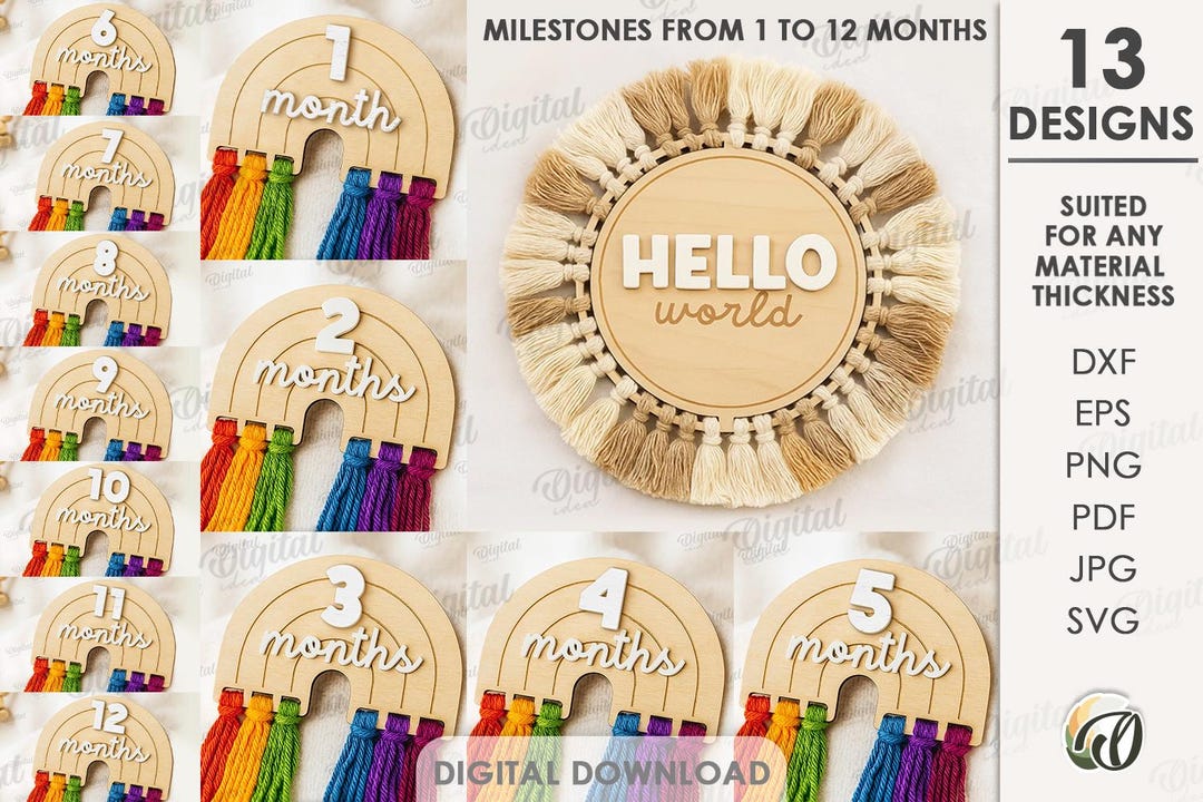 3D Macrame Baby Milestone Cards Bundle, Layered Rainbow Baby Sign Laser ...