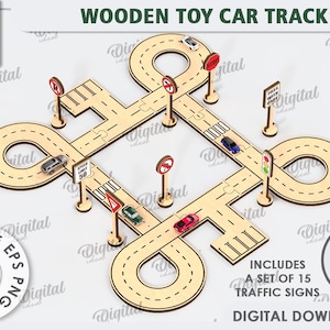 3D Wooden toy car track, puzzle road track laser cut, road traffic signs svg, childrens svg, kids lasercut, roadway svg, race track