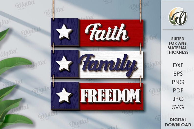 Peut inclure: Panneau en bois avec trois rectangles affichant une &eacute;toile et les mots Foi, Famille et Libert&eacute;. Les panneaux sont rouges, blancs et bleus, avec un design rustique et des options de t&eacute;l&eacute;chargement num&eacute;rique.