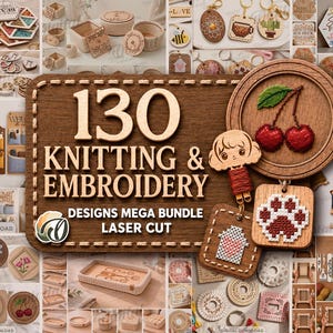 Puede incluir: Una colección digital de 130 diseños de punto y bordado cortados con láser que incluye proyectos de artesanía en madera, marcos circulares con motivos de cerezas, huellas de patas, patrones de casas y diversos artículos decorativos.