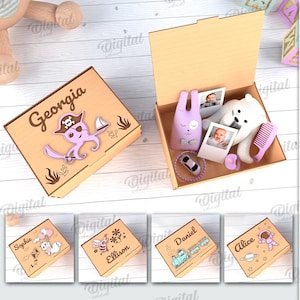 Paquete de caja de recordatorio de madera personalizada, caja 3D cortada con láser, plantilla de caja, caja de almacenamiento, caja de bebé SVG, regalo de caja de recuerdo, regalo de nacimiento de bebé