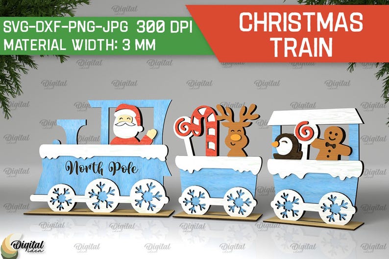 May include: A Christmas train with four cars, each decorated with a different holiday theme. The first car features Santa Claus, the second car has a candy cane and reindeer, the third car has a penguin and a gingerbread man, and the fourth car says "North Pole".