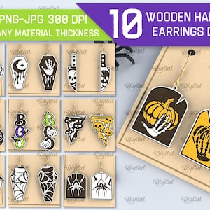 May include: Wooden Halloween earrings designs in various shapes, including a coffin, a spider web, and a pumpkin with a skeleton hand. The image includes the text "10 WOODEN HALLOWEEN EARRINGS DESIGNS" and "SVG-DXF-PNG-JPG 300 DPI SUITED FOR ANY MATERIAL THICKNESS".