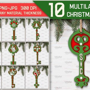 Könnte beinhalten: Zehn geschichtete Weihnachts-Schlüssel-Anhänger in verschiedenen Designs, darunter Schneeflocken, Glocken, Zuckerstangen und ein Weihnachtsbaum. Die Schlüssel sind rot, grün und weiß und haben einen rustikalen Look. Die Anhänger eignen sich für jede Materialstärke.