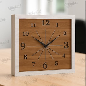 K&ouml;nnte beinhalten: Quadratische Wanduhr aus Holz mit hellem Holzmaserungszifferblatt und wei&szlig;em Rahmen. Schwarze Ziffern und Zeiger zeigen die Uhrzeit an. Die Uhr ist 3 mm dick. Digitaler Download verf&uuml;gbar.