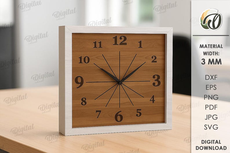 K&ouml;nnte beinhalten: Quadratische Wanduhr aus Holz mit hellem Holzmaserungszifferblatt und wei&szlig;em Rahmen. Schwarze Ziffern und Zeiger zeigen die Uhrzeit an. Die Uhr ist 3 mm dick. Digitaler Download verf&uuml;gbar.