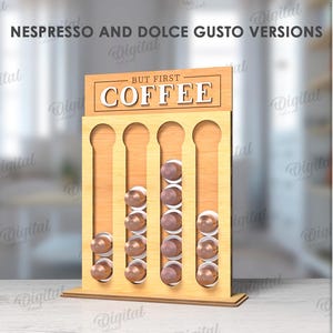 Soporte para cápsulas de café 3D, soporte para cápsulas Dolce Gusto y Nespresso cortado con láser, almacenamiento de cápsulas de café de madera, exhibición de cápsulas de café, pero primero café SVG