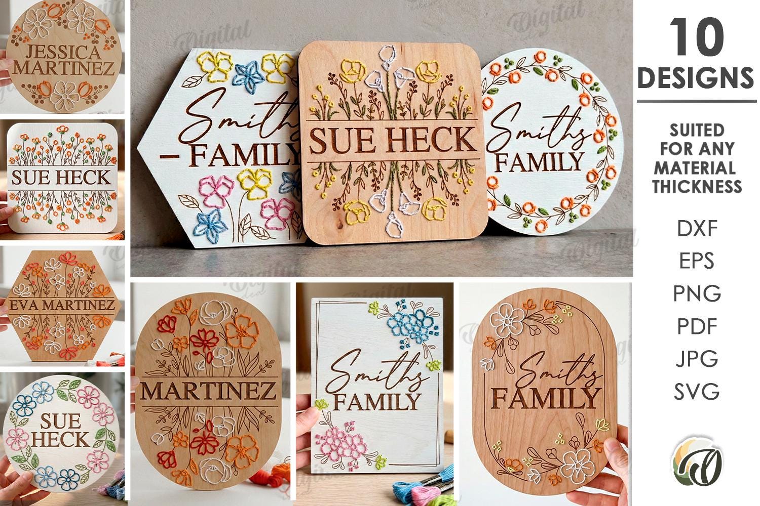 Floral Embroidery Signs Bundle, Flower Sign Laser Cut Files, Wooden ...