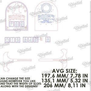 May include: Laser-cut wooden book-themed designs, including two arched signs with the words "BOOKS" and "READ THIS YEAR." Also includes numbers 0-9, and two bookends. Average size is 7.78 inches.